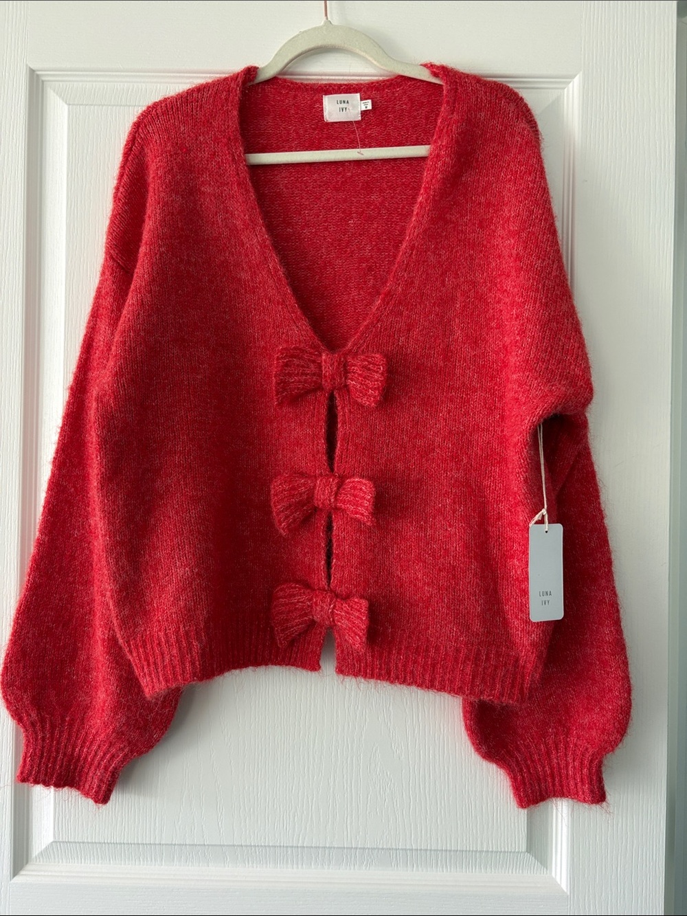 Luna Ivy Red Bow-Front V-Neck Sweater